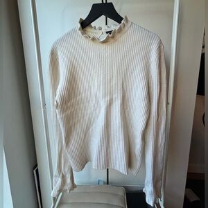 Maje | Cream Ribbed Ruffle-Trim Sweater